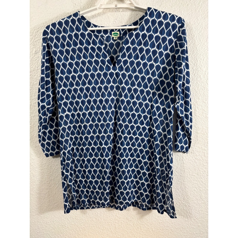 Dolma Womens Blue White Geometric Leaf Print Cotton Tunic Top Size M Split Neck
